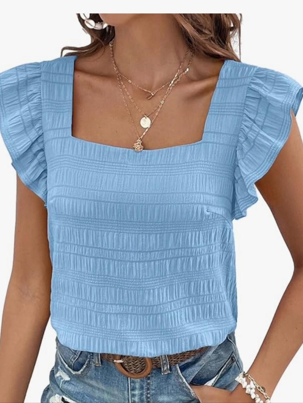 Womens Light Blue Square Neck Ruffle Sleeve Top